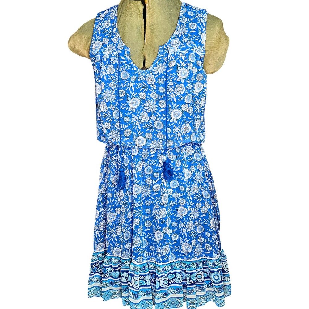 Woman's Lilly Rose boho-chic whimsy blue floral peasant halter top midi dress S